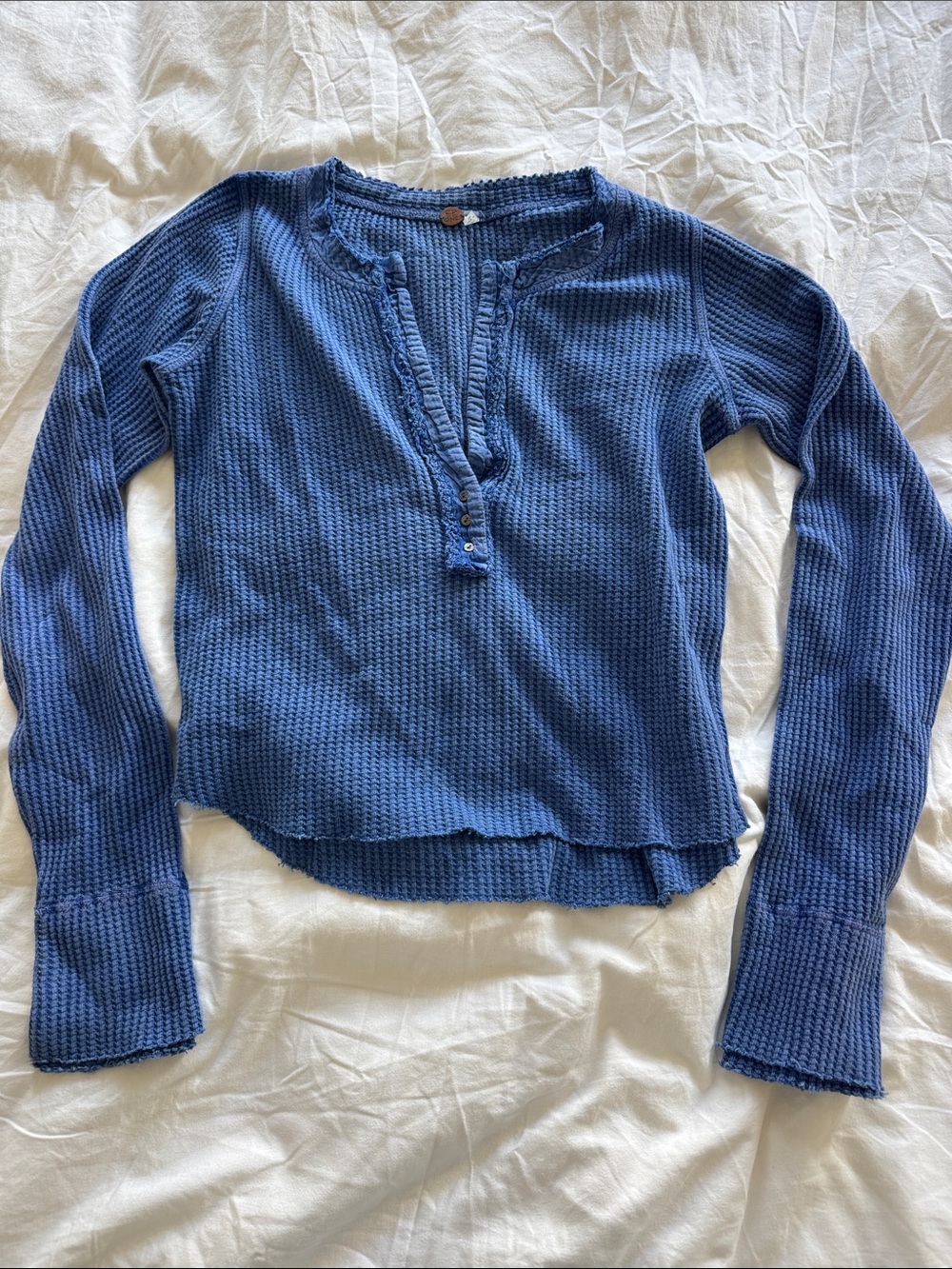 Free People Blue Waffle Henley Scoop Neck long sleeve